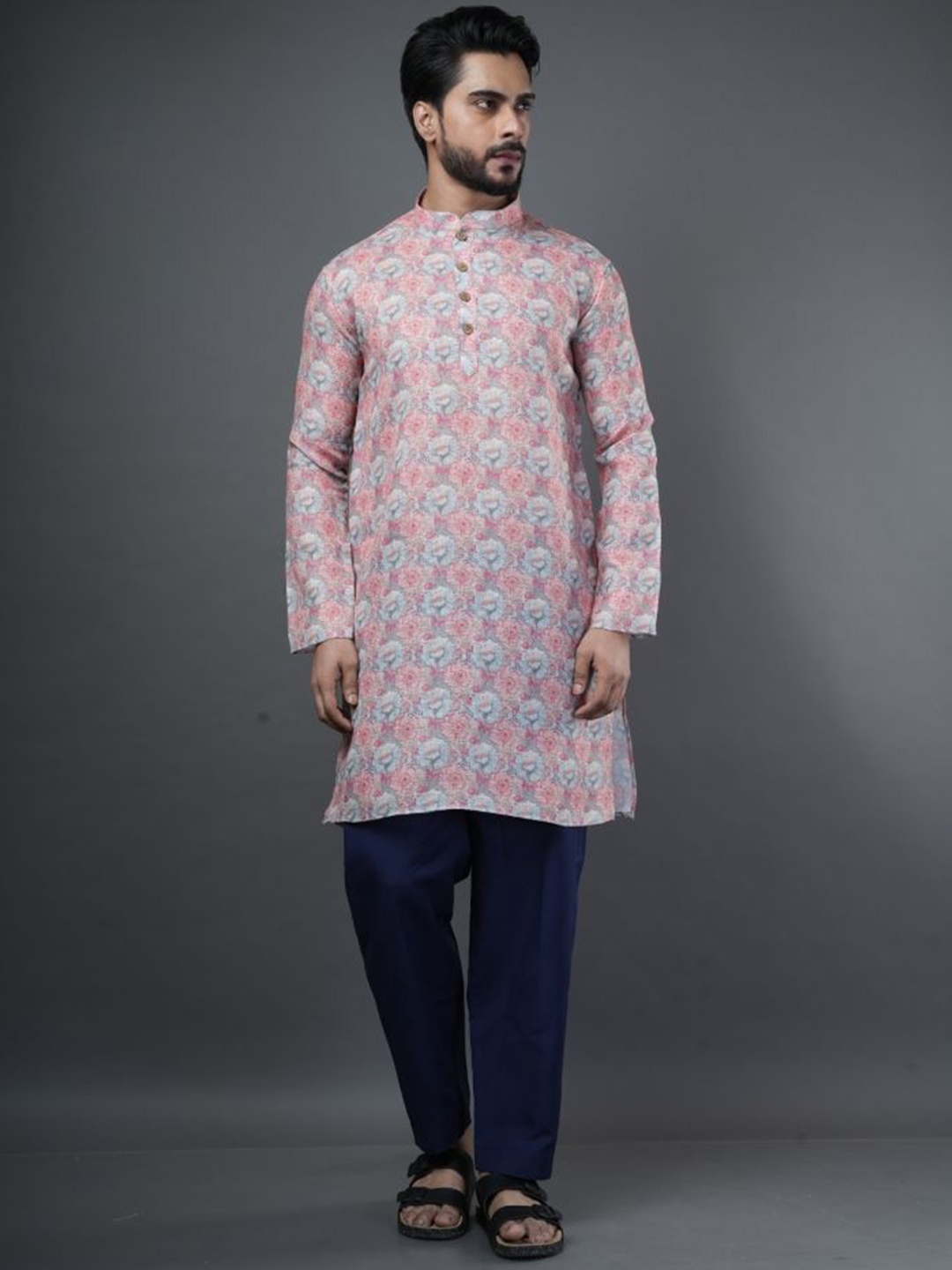 

ARYA Mandarin Collar Floral Printed Linen Straight Kurta, Pink