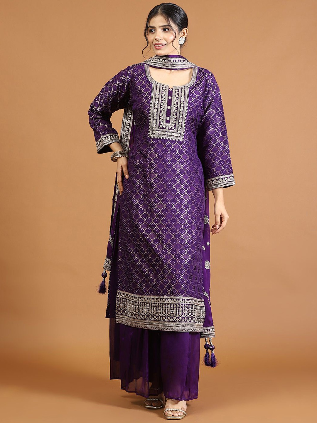 

Meena Bazaar Sequinned Kurta with Palazzo & Dupatta, Purple