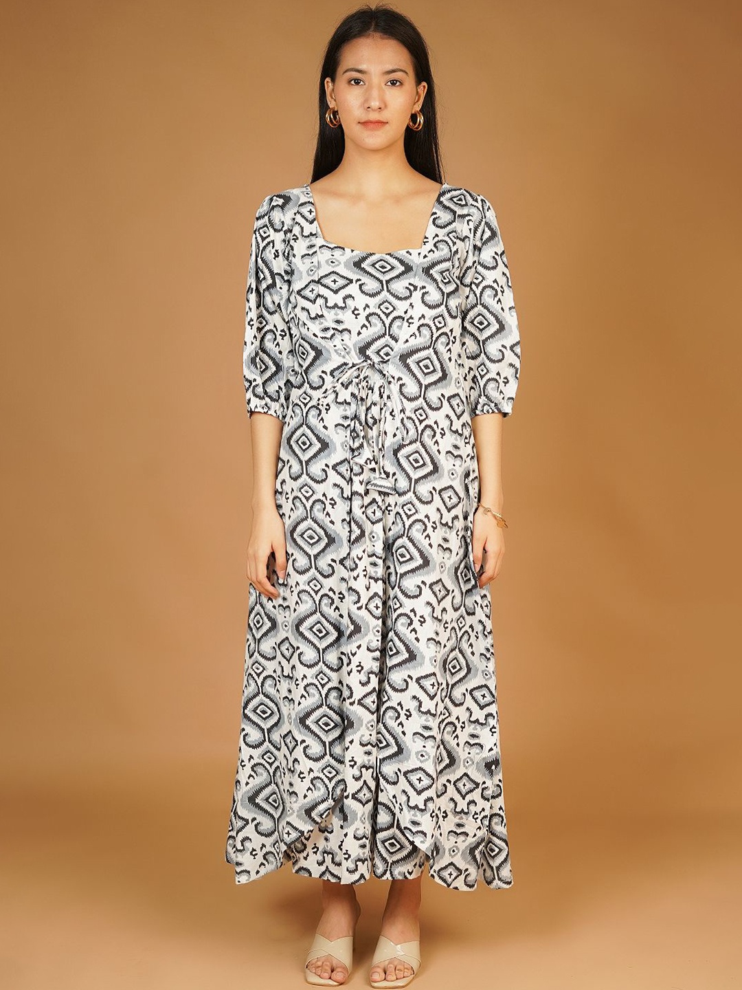 

INDOPHILIA Women Cotton Ethnic Motifs Printed Fit and Flare Maxi Dress, White