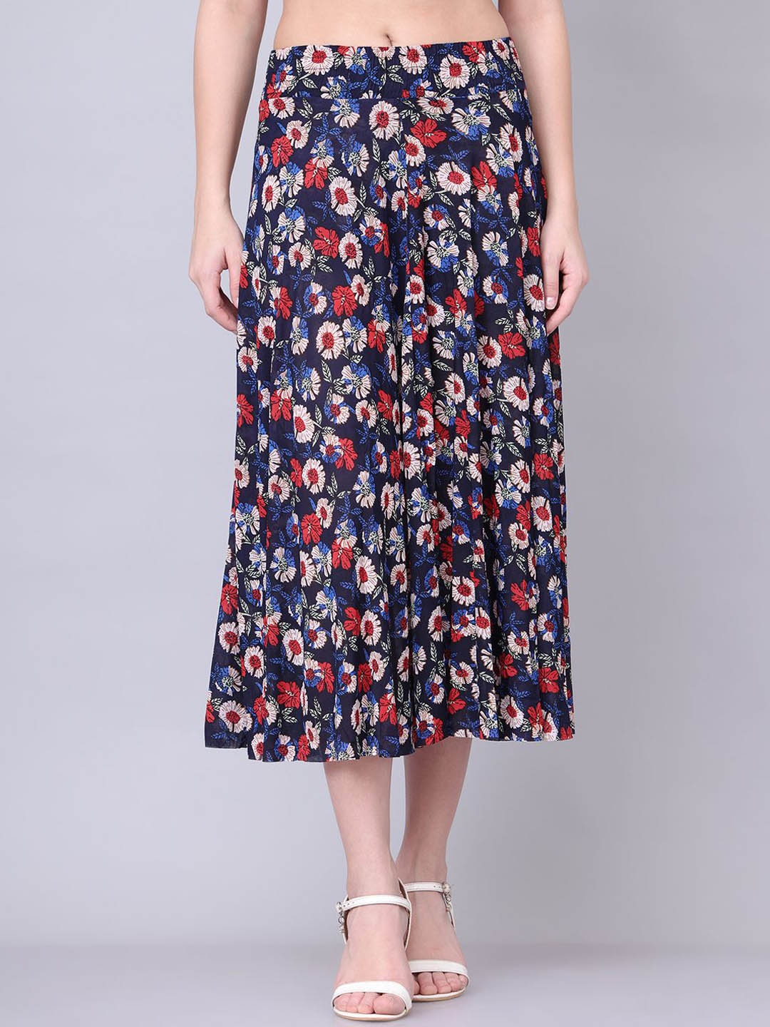 

GRACIT Floral Printed Flared Midi Skirts, Navy blue