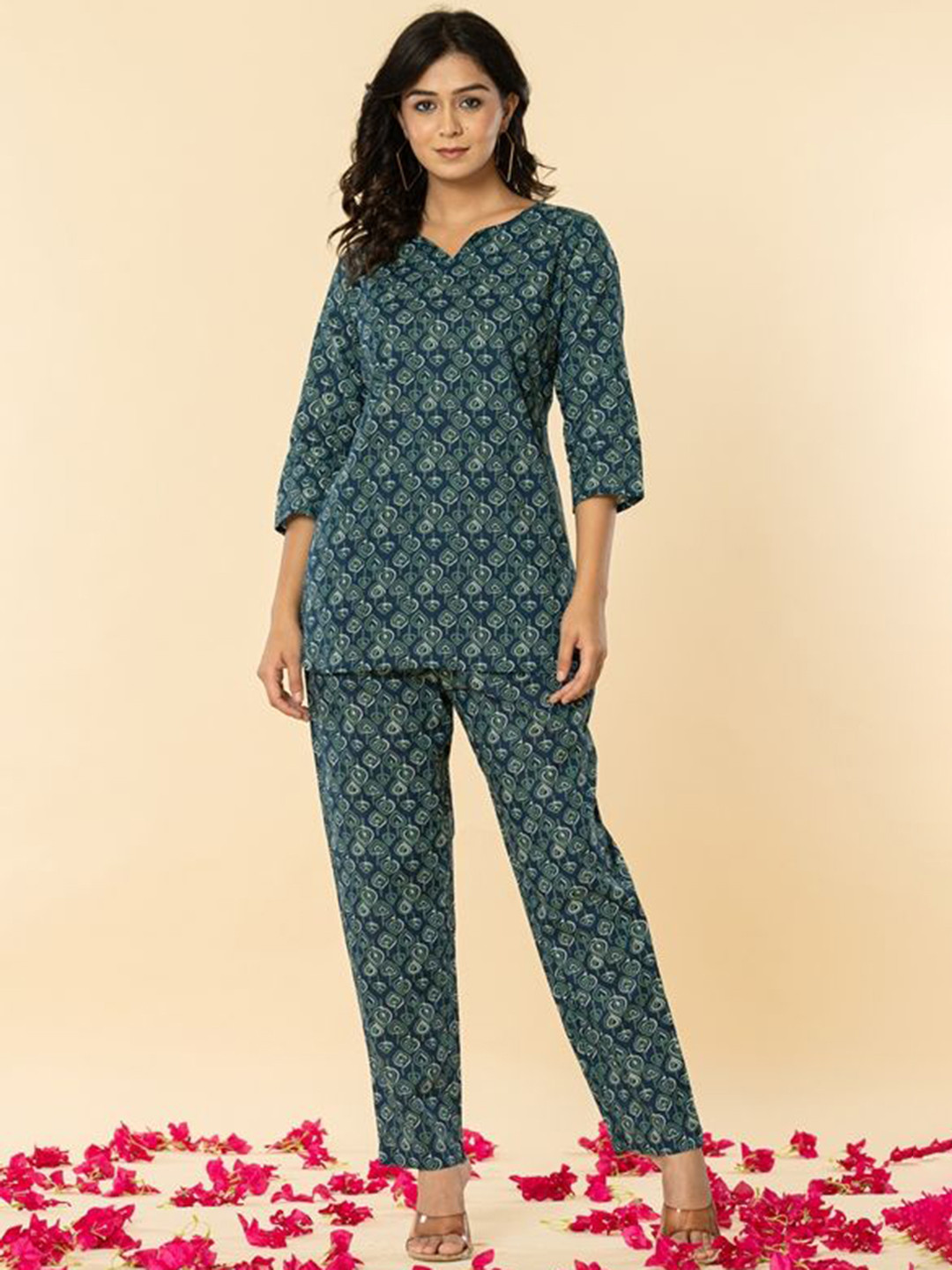 

Haute and Humble Printed Round Neck Pure Cotton Top With Trouser, Blue