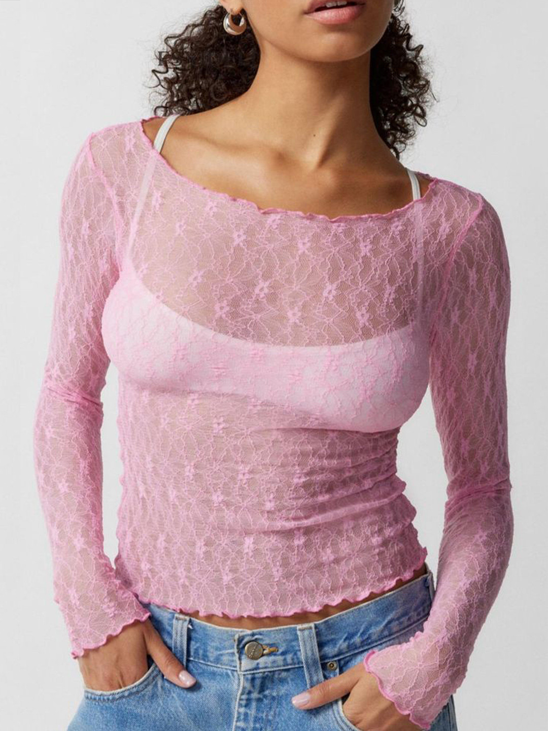 

LULU & SKY Women Self Design Fitted Sheer Lace Top, Pink