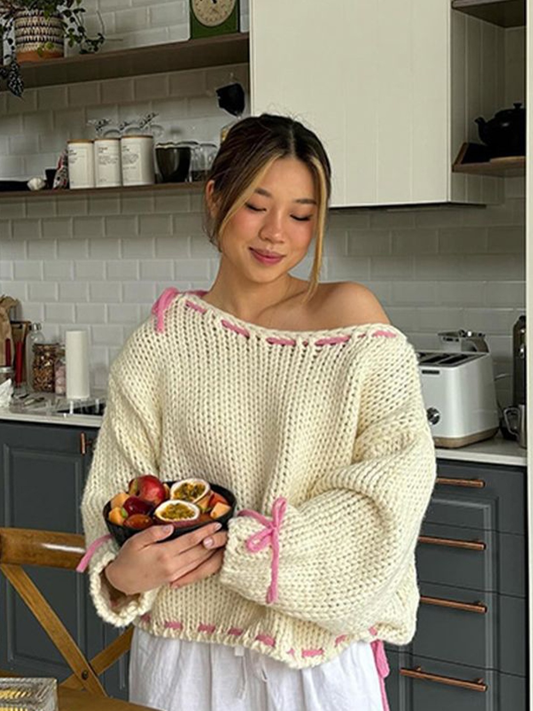 

LULU & SKY Women Contrast Tie-ups Open Knit Sweater, Off white