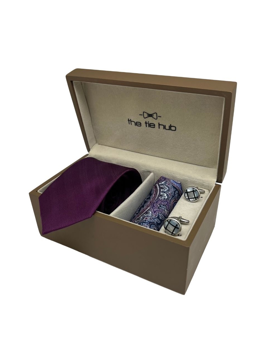 

The Tie Hub Men Silk Necktie & Pearl Cufflinks Accessory Gift Set, Purple