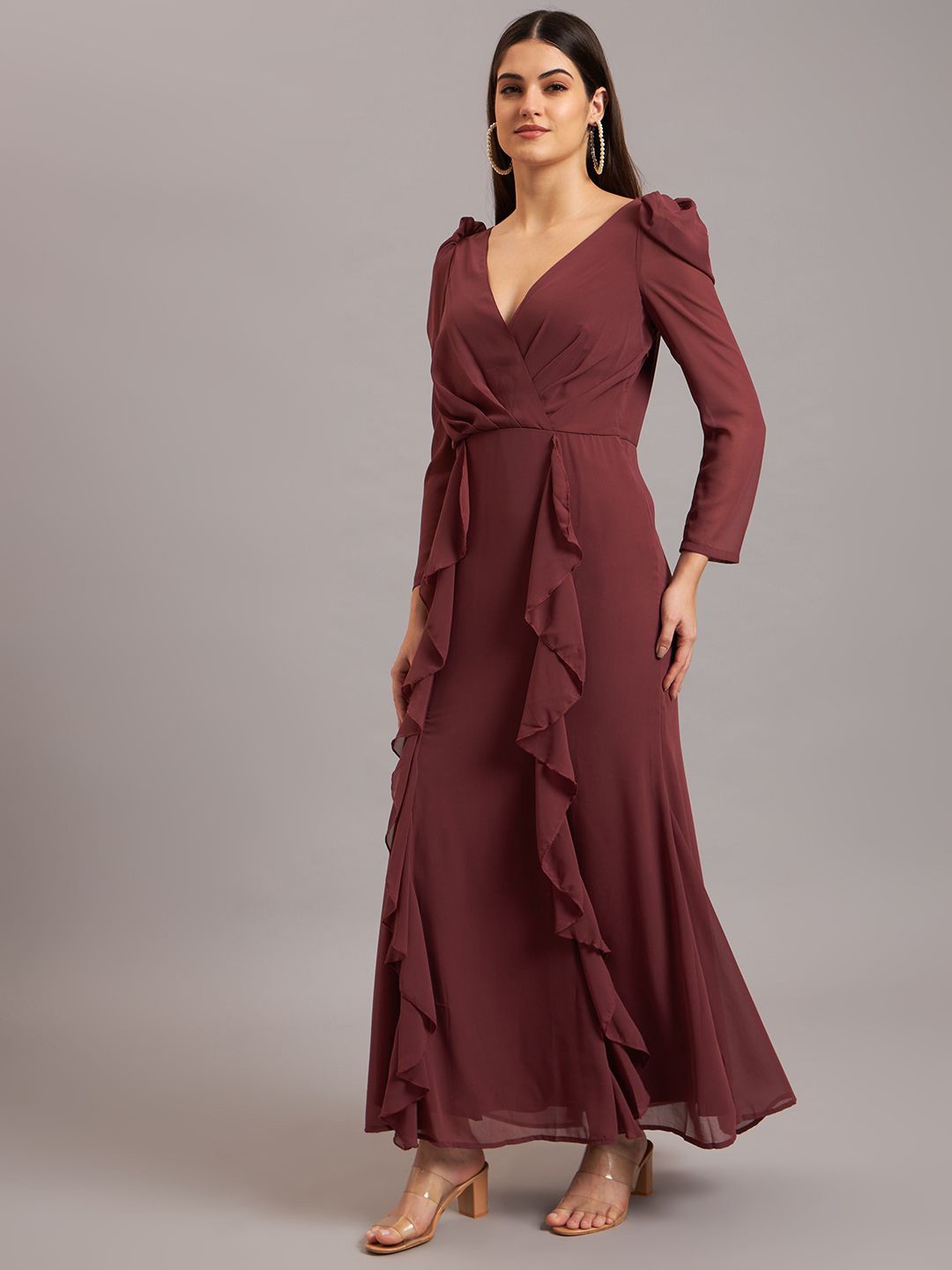 

Eavan Women V-Neck Puff Sleeves Maxi Dress, Brown