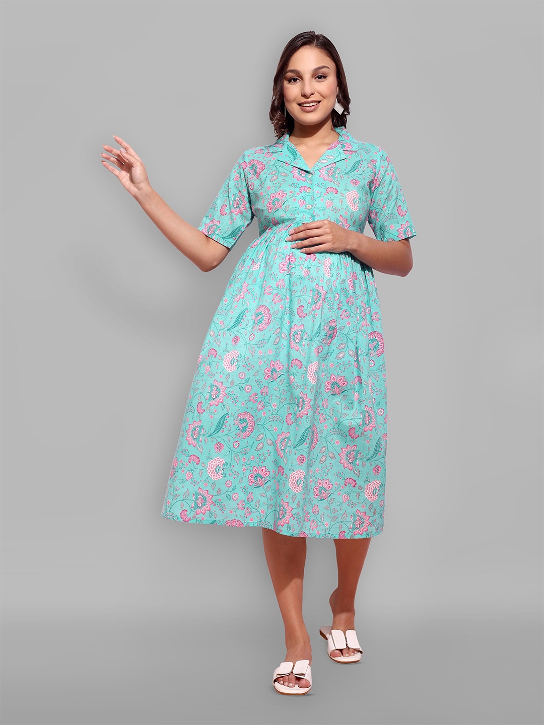 

CHARISMOMIC Floral Printed Cotton Maternity Fit & Flare Dress, Blue