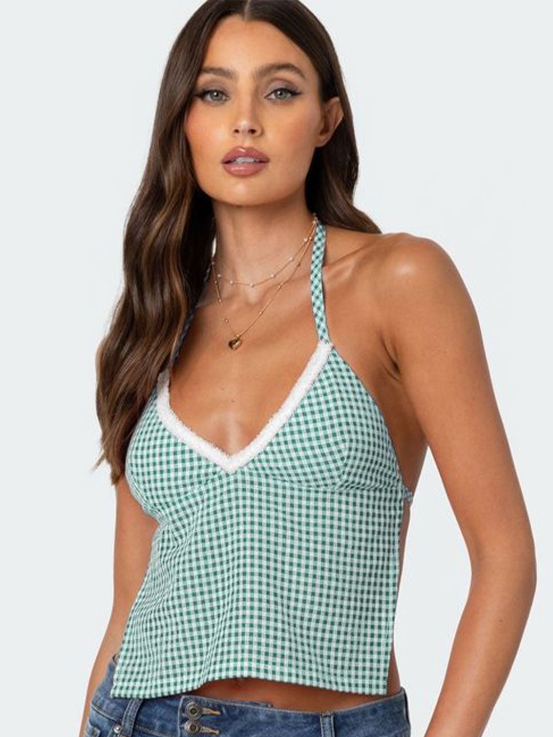

LULU & SKY Checked Shoulder Straps Sleeveless Top, Green