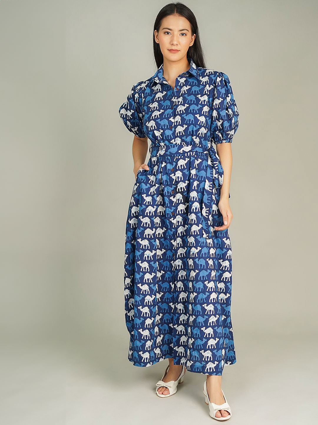 

INDOPHILIA Women Printed Puff Sleeve Maxi Dress, Blue