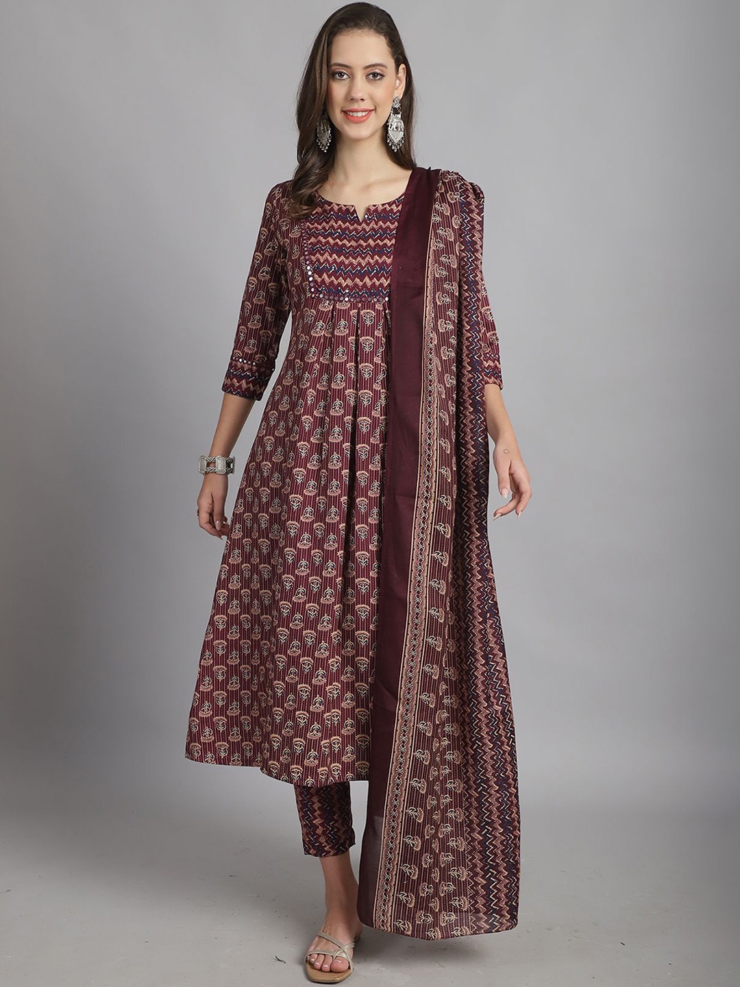 

KALINI Notch Neck Floral Printed A-Line Kurta with Trouser & Dupatta, Maroon