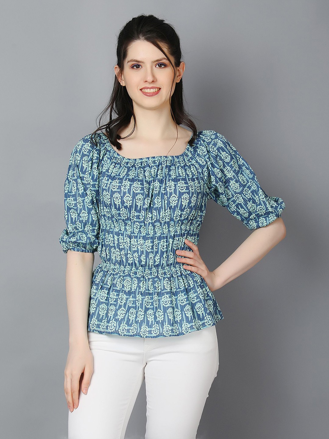 

Zuvino Ethnic Motifs Cotton Off-Shoulder Puff Sleeve Top, Blue