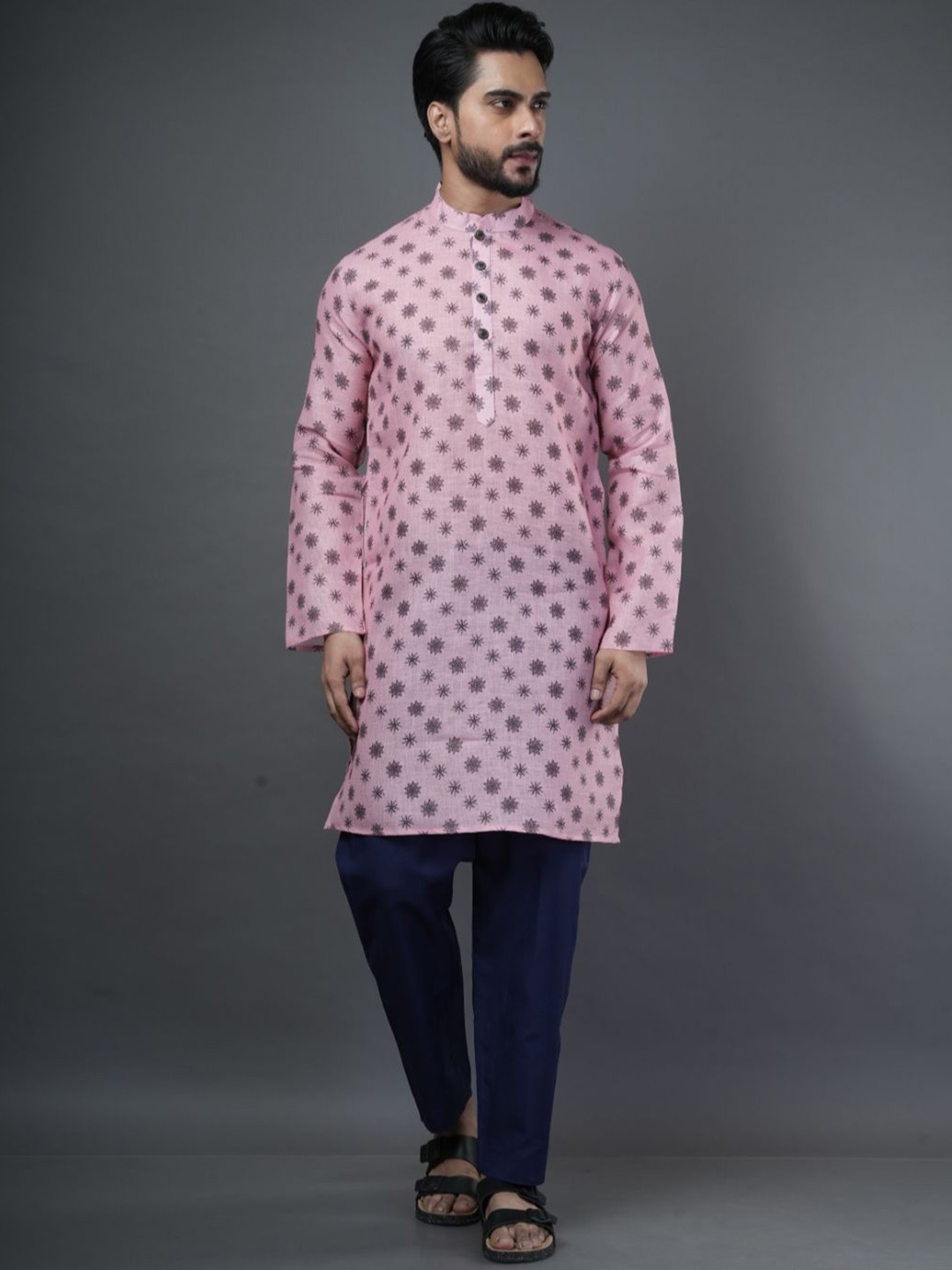 

ARYA Mandarin Collar Geometric Printed Linen Straight Kurta, Pink