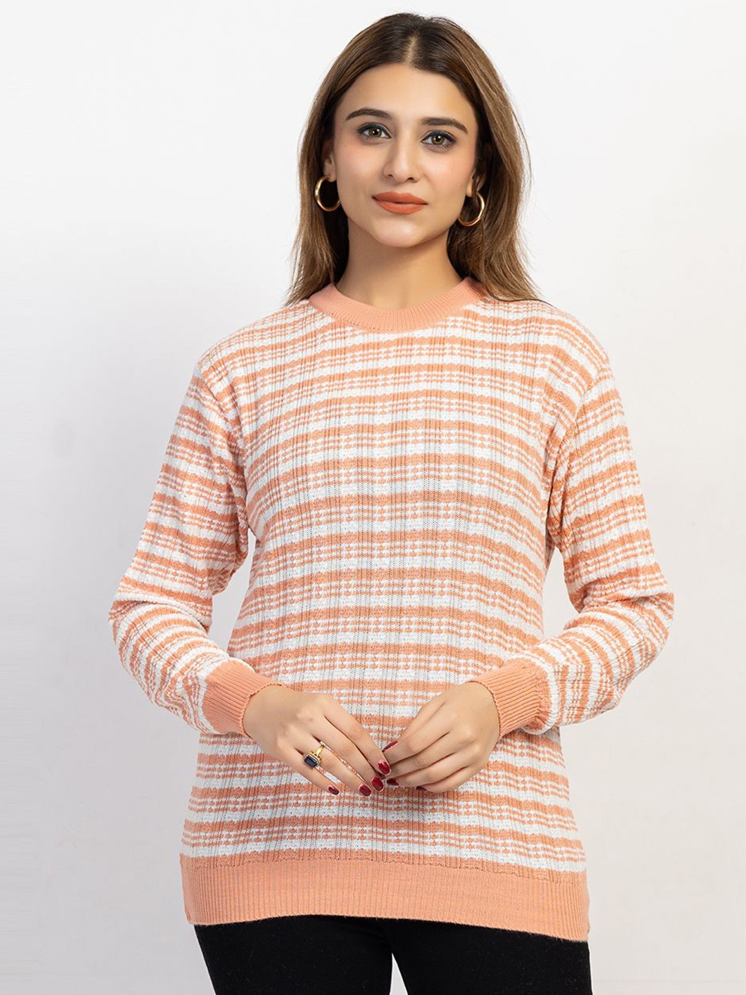 

LEZA Women Striped Pullover Sweaters, Peach