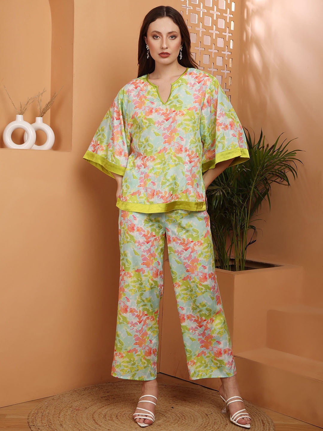 

DEBONATELLA Floral Printed Round Neck Three-Quarter Sleeves Top With Palazzo, Fluorescent green