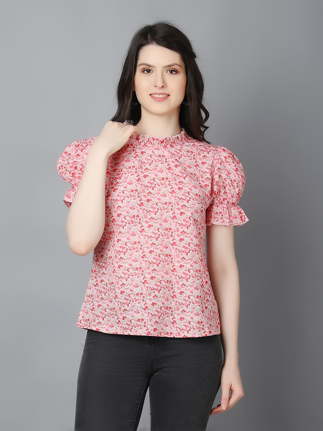 

Zuvino Women Floral Printed Puff Sleeve Cotton Blouson Top, Pink