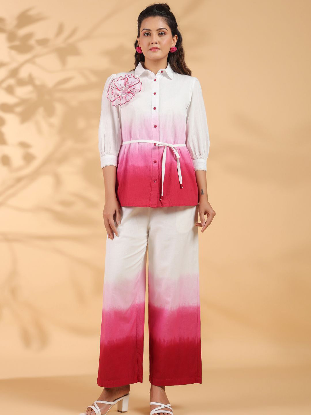 

Zolo Label Tie And Dye Applique & Beaded Detail Shirt With Trouser, Pink