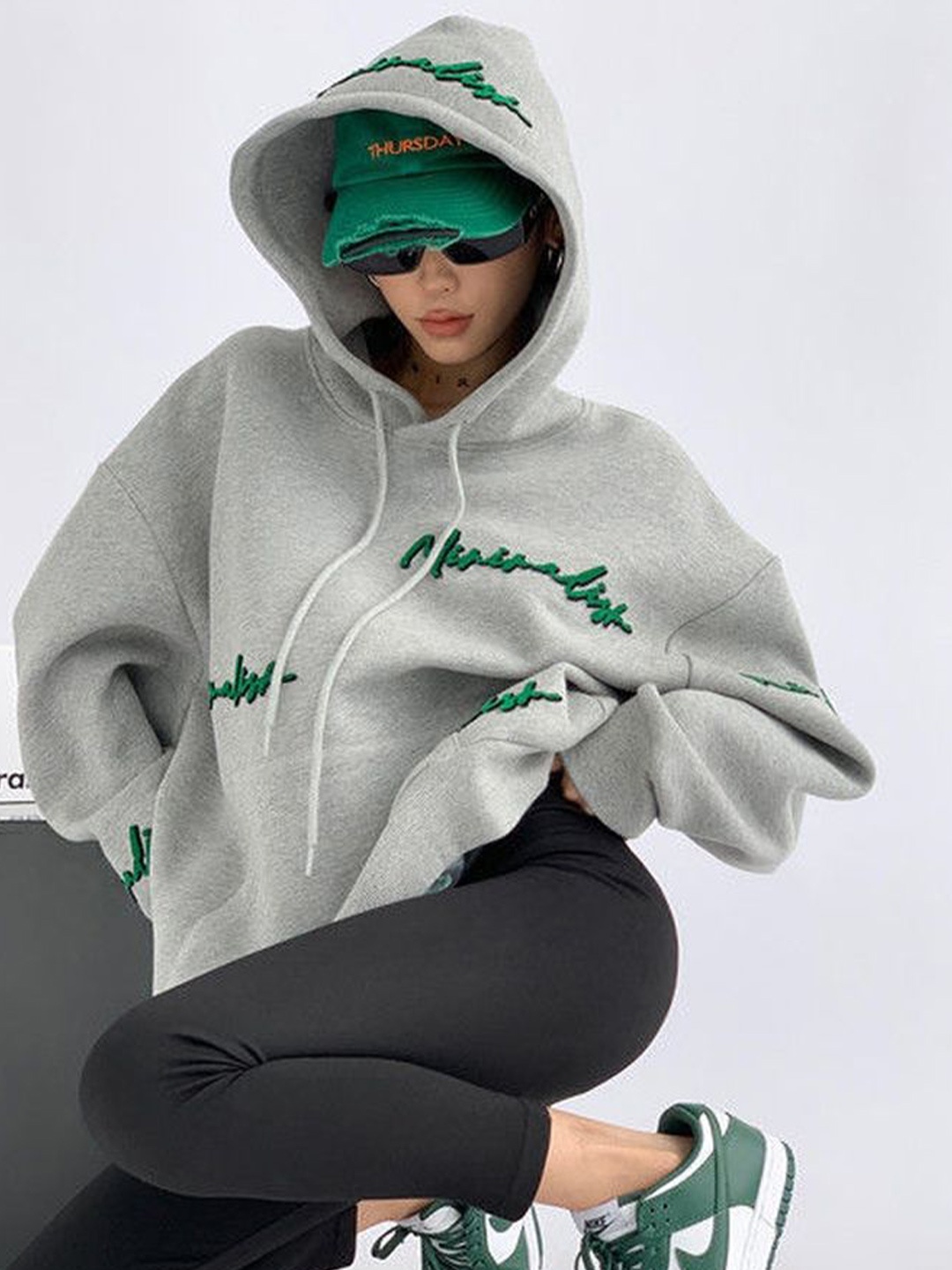 

LULU & SKY Women Typography Embroidered Hooded Long Sleeves Pullover Sweaters, Grey