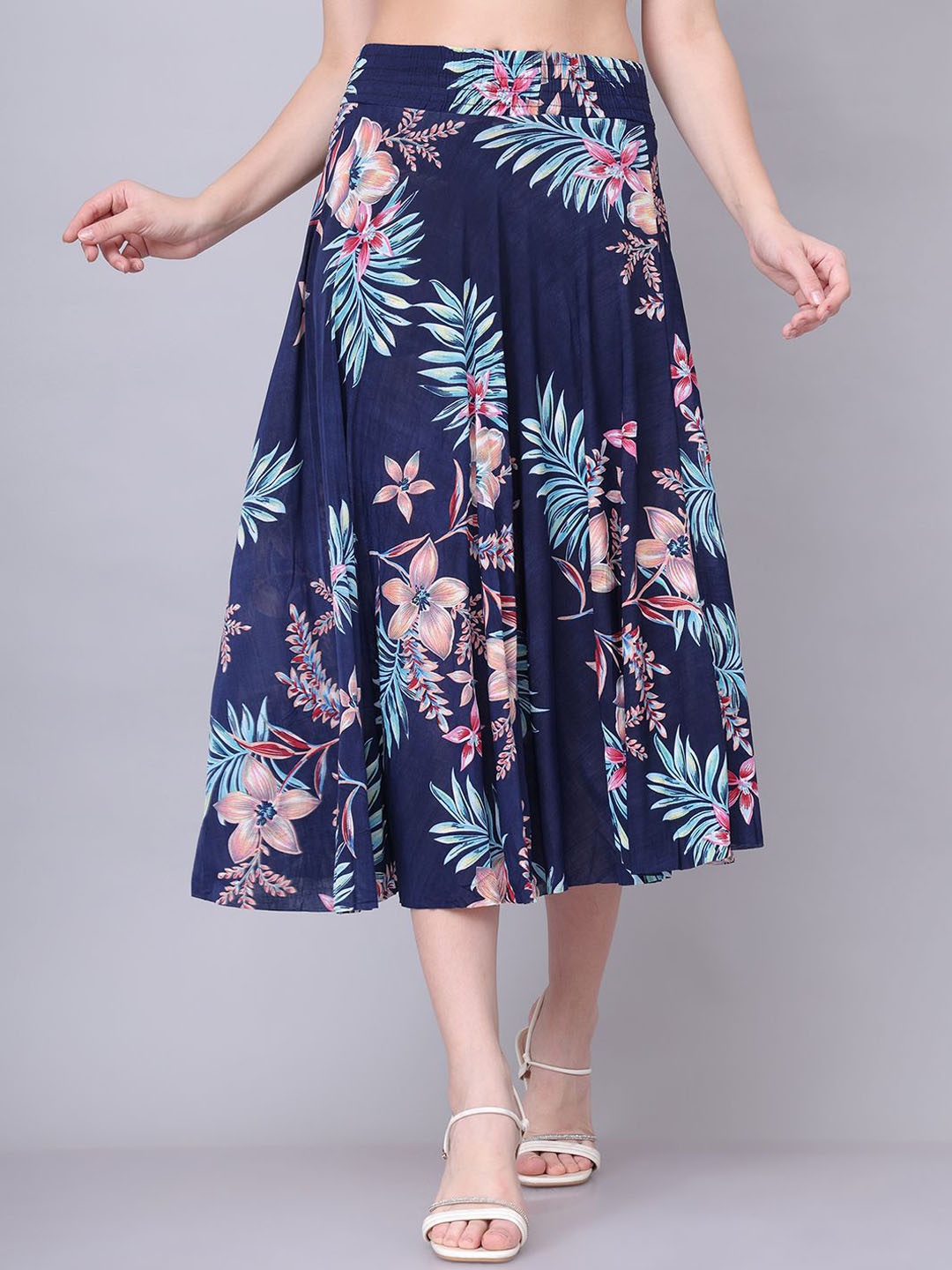

GRACIT Women Floral Printed Flared Midi Skirt, Blue