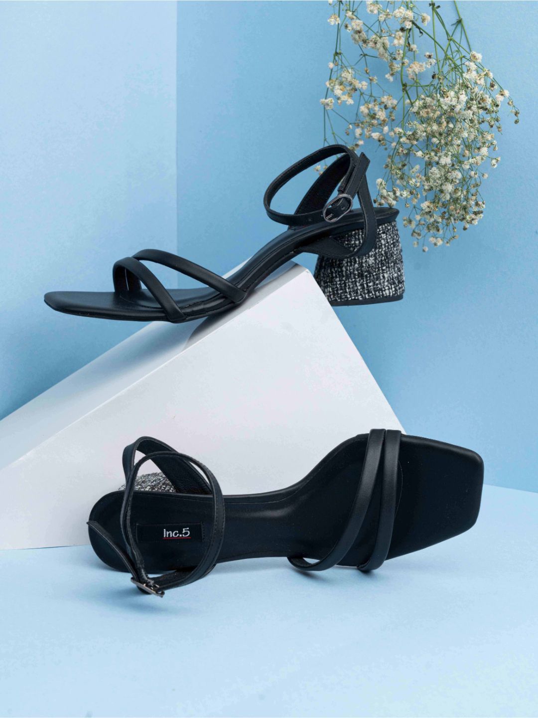 

Inc 5 Striped Square Toe Ankle Loop Party Block Sandals, Black