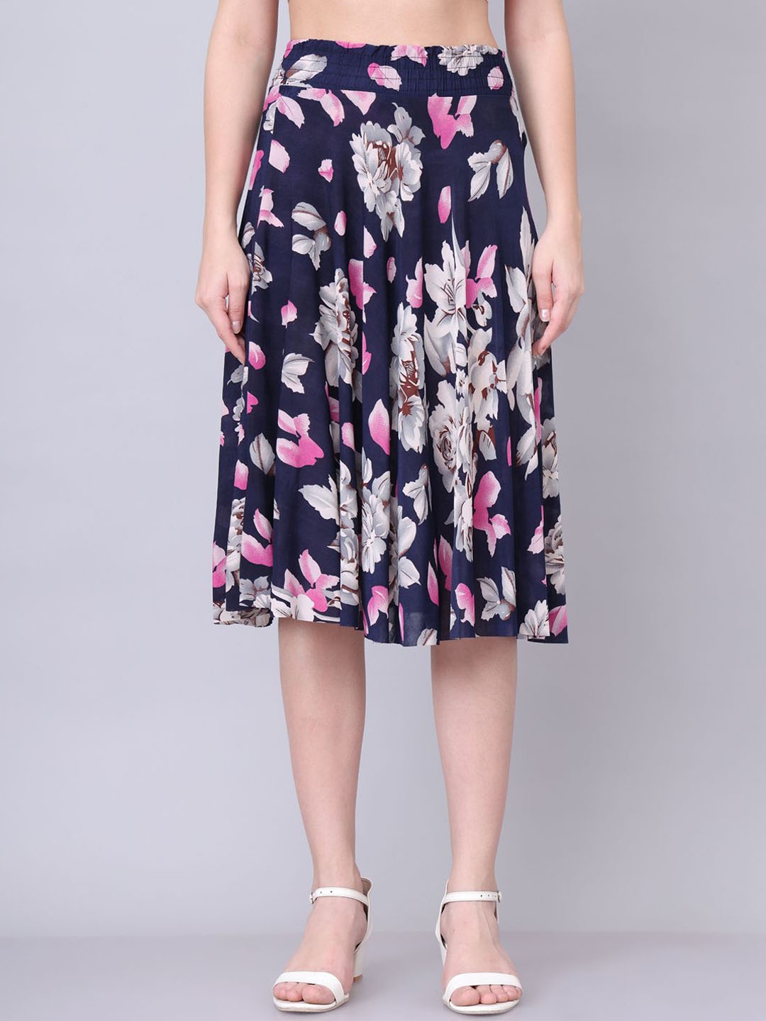 

GRACIT Women Floral Printed Flared Midi Skirt, Navy blue