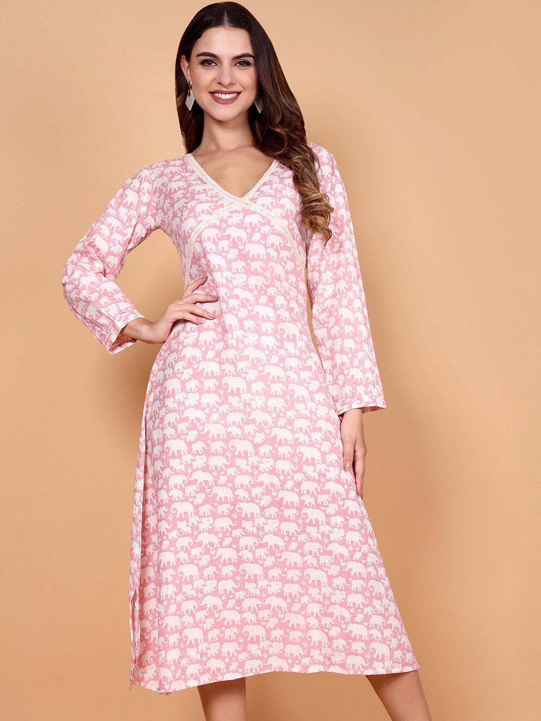 

Vastara the Label Women Cotton Printed A-Line Dress, Pink