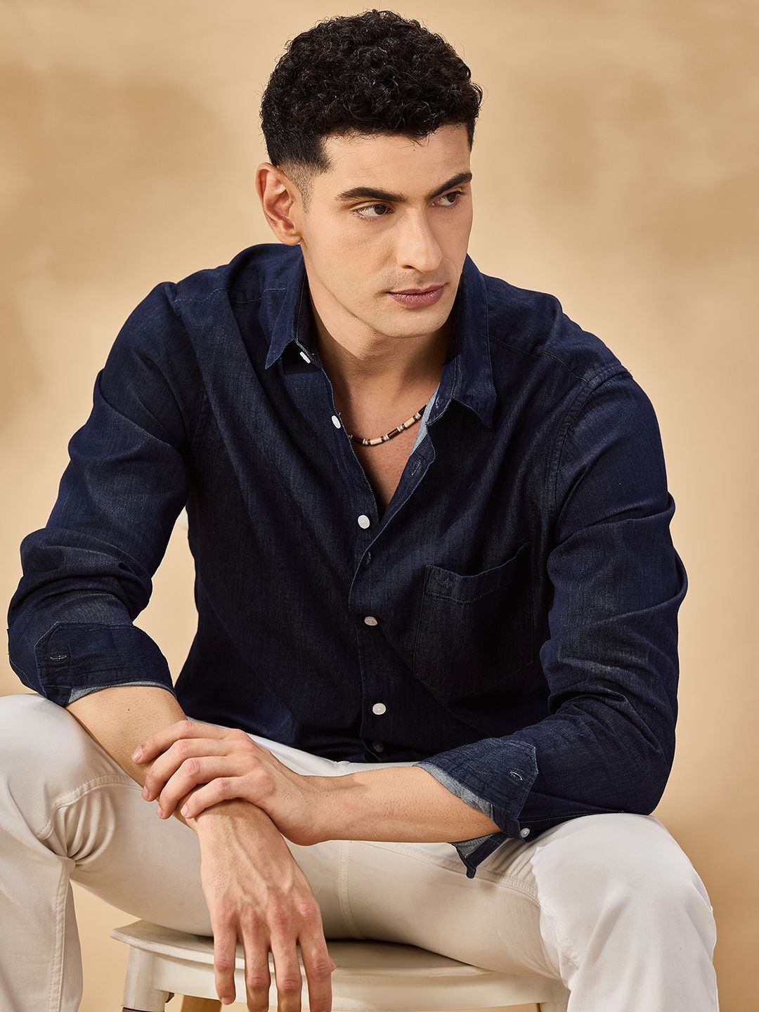 

Aldeno Men Comfort Spread Collar Solid Denim Casual Shirt, Navy blue