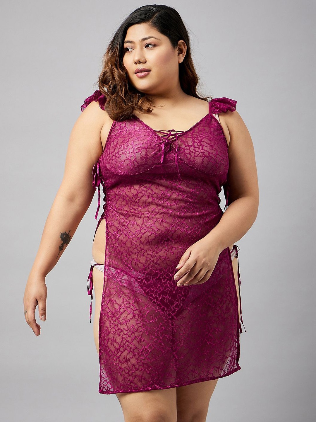 

Curves By ZeroKaata Women Plus Size Self Design Lace Baby Doll With Thong Briefs, Burgundy