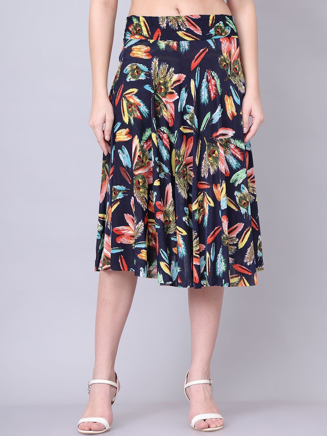 

GRACIT Women Printed Flared Midi Skirt, Navy blue