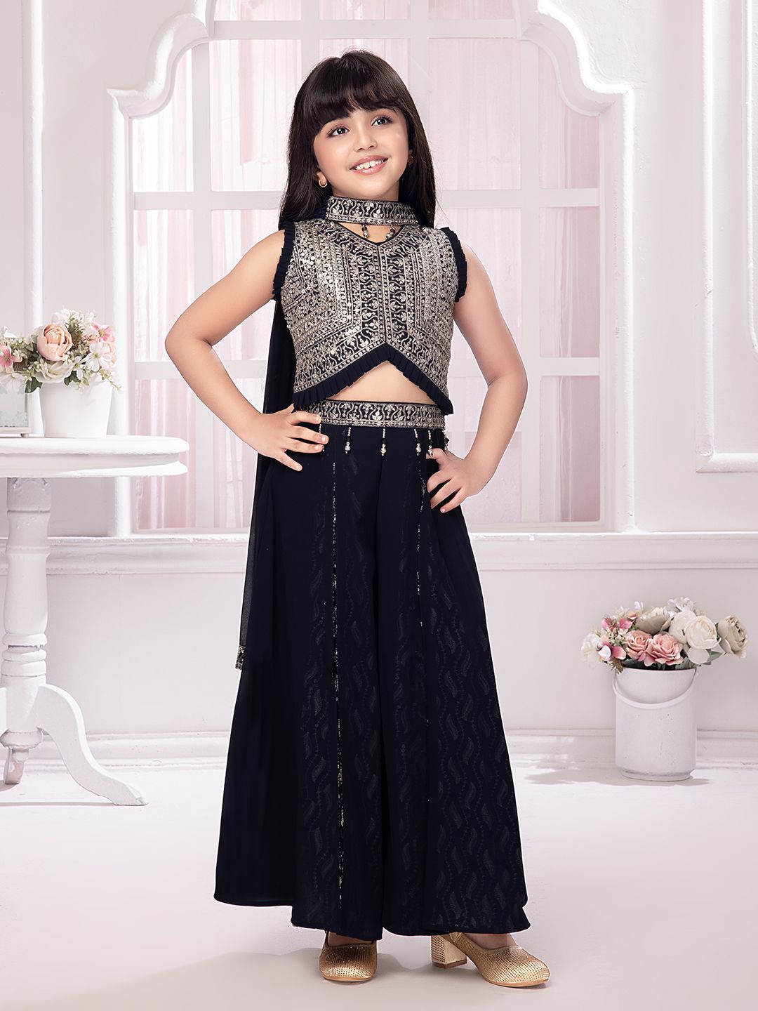 

Tiny Kingdom Girls Embroidered V-Neck Short Sleeves Bamboo Top With Palazzo With Dupatta, Navy blue