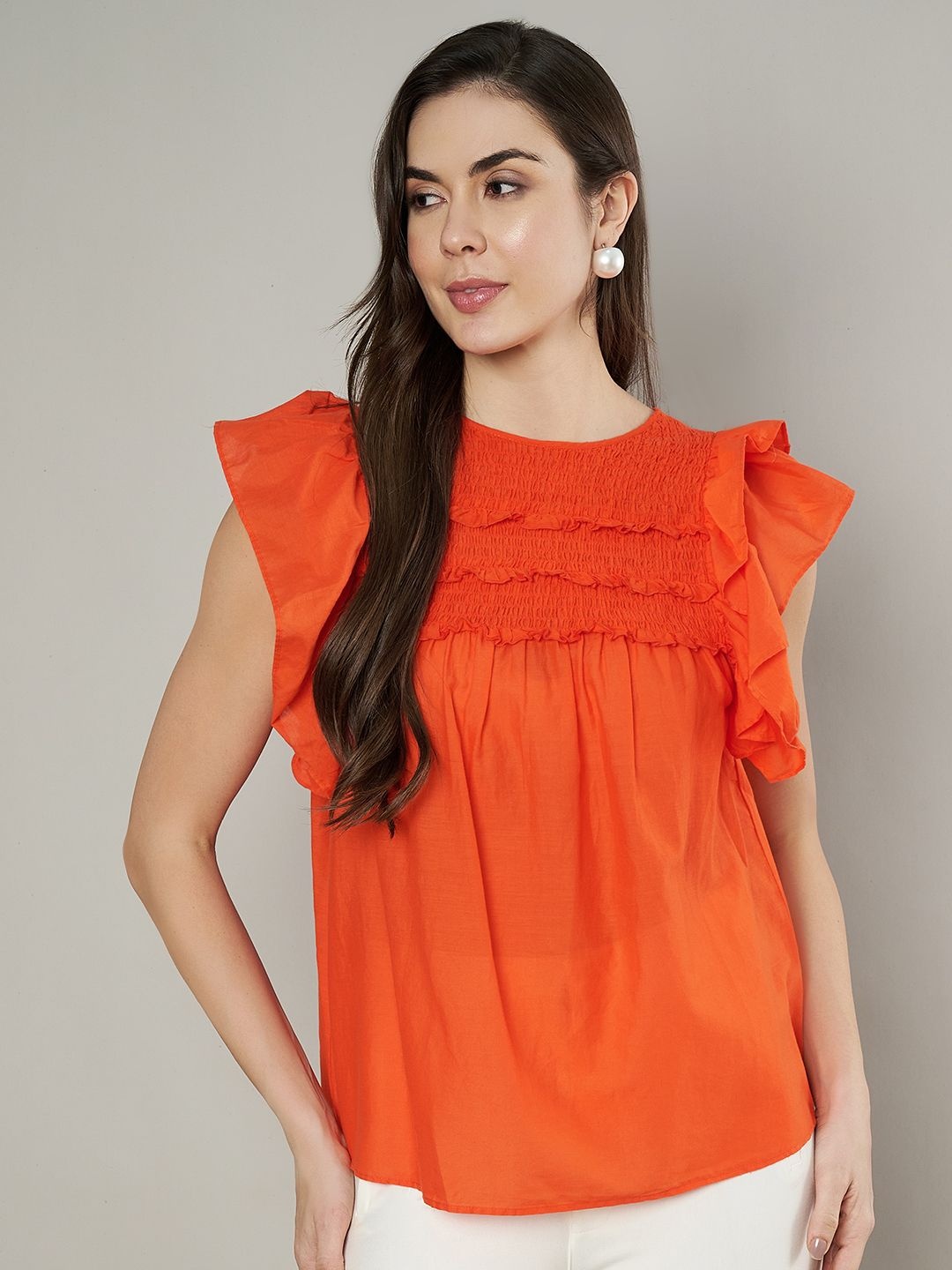 

Amagyaa Women Round Neck Flutter Sleeve Cotton Top, Orange