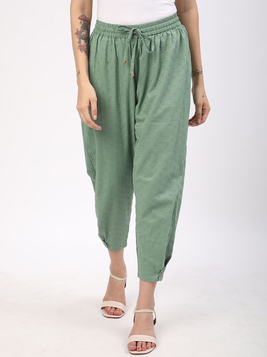

R&B Women Cotton Self Design Cropped Joggers Casual Trousers, Green