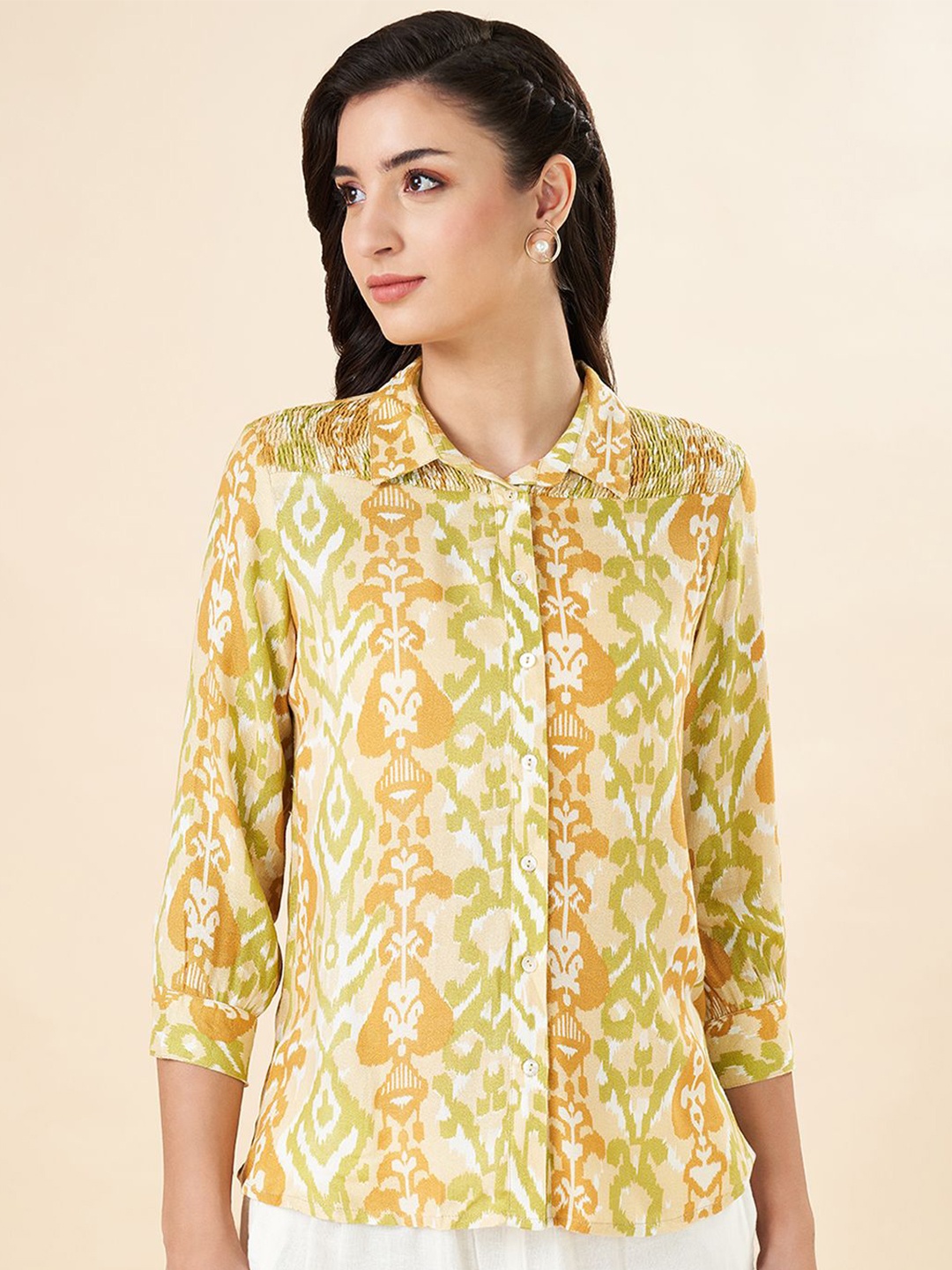 

AKKRITI BY PANTALOONS Women Shirt Collar Cotton Tunic, Yellow