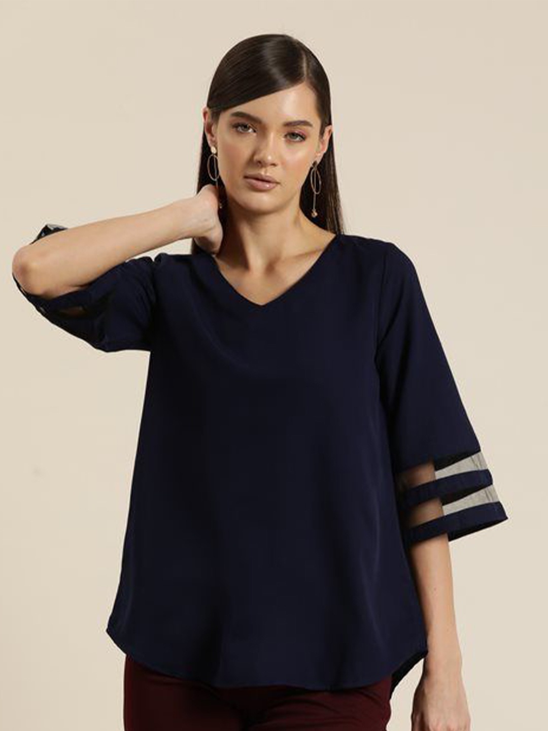 

Qurvii Women V-Neck Regular Top, Navy blue