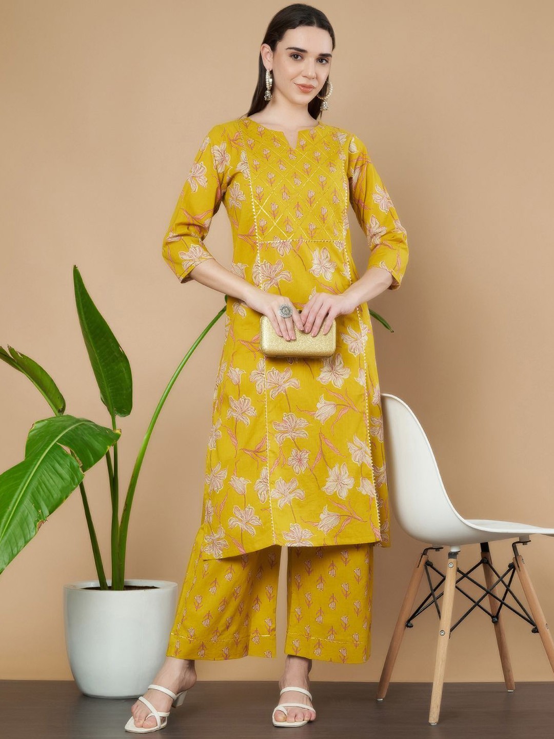 

KALINI Notch Neck Floral Printed Pure Cotton Straight Kurta with Palazzos, Mustard