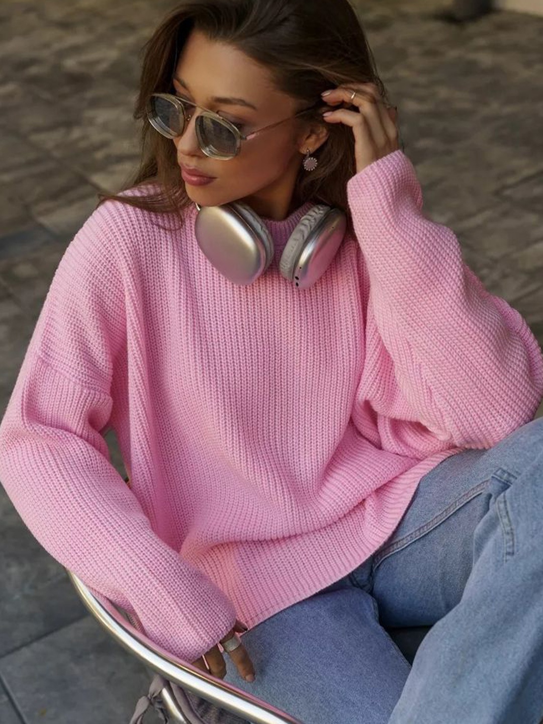 

LULU & SKY Women Round Neck Long Sleeves Sweaters, Pink
