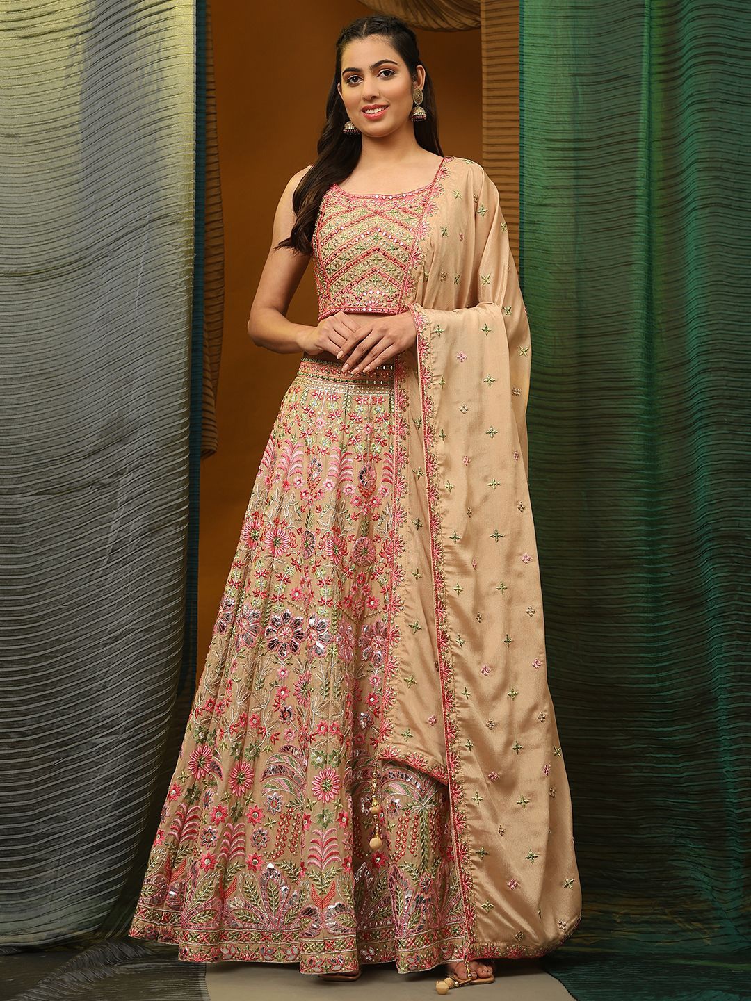 

VANAKARA Embroidered Thread Work Ready to Wear Lehenga & Blouse With Dupatta, Tan
