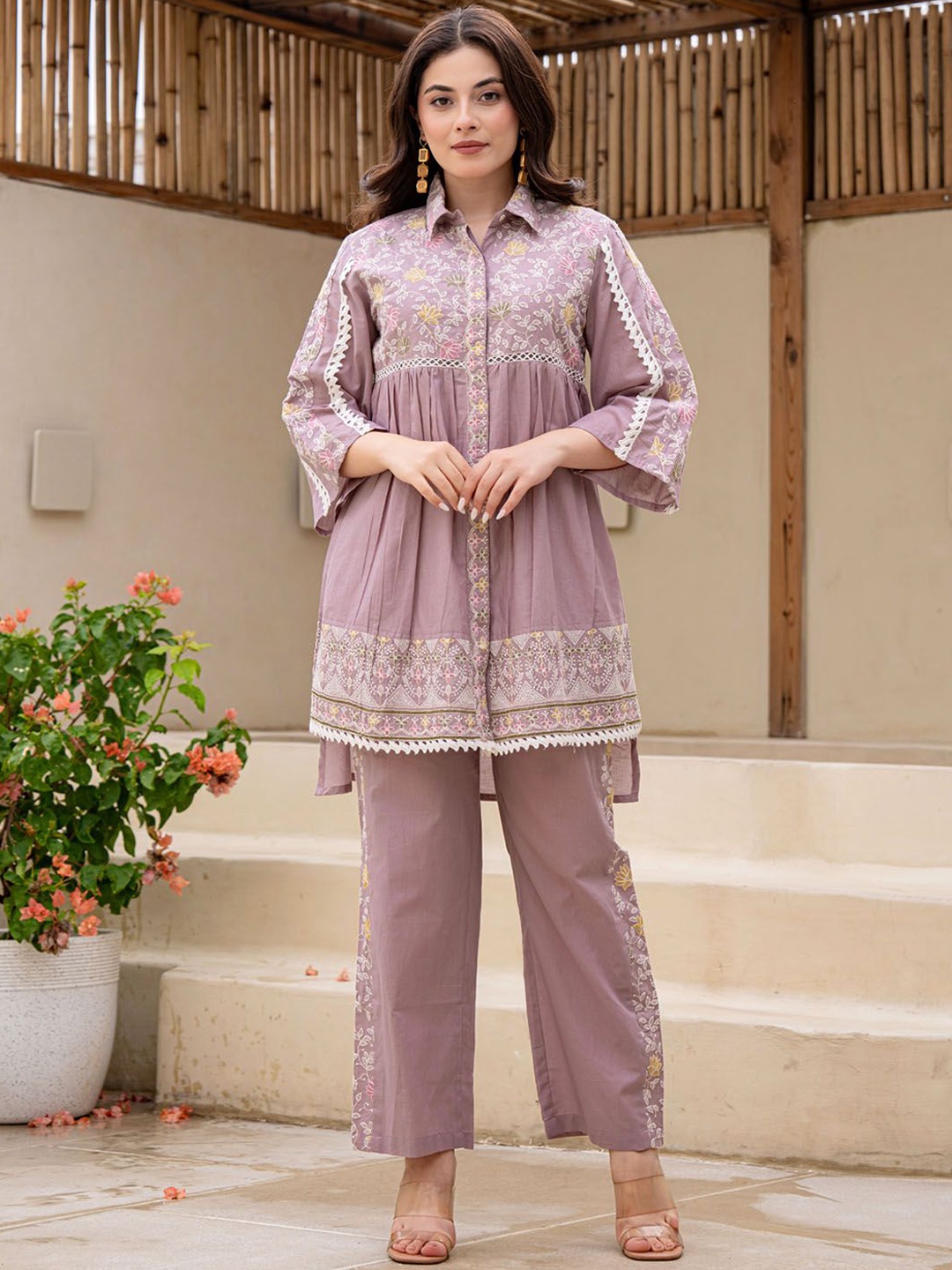 

FASHION DWAR Floral Embroidered Shirt Collar Pure Cotton Shirt With Trouser, Purple