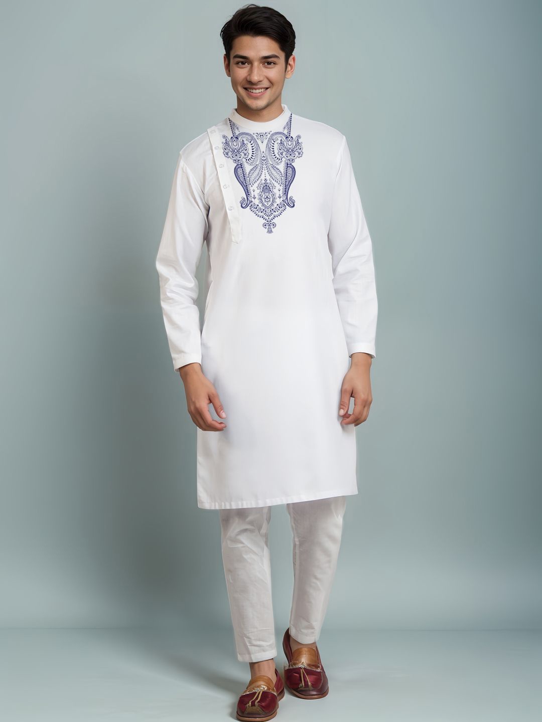 

DEVOILER Floral Printed Mandarin Collar Cotton Straight Kurta, White