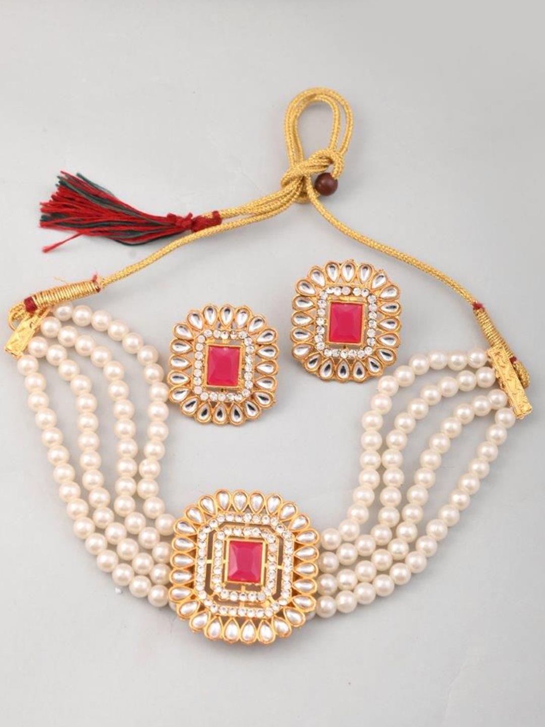 

VOJ Gold-Plated Stainless Steel Kundan Stones-Studded & Beaded Choker Jewellery Set