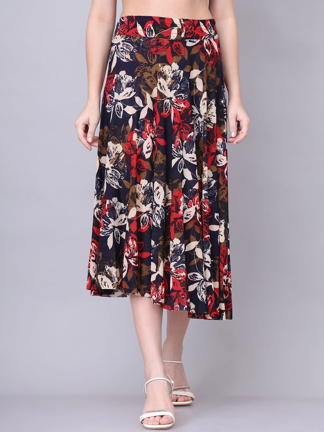 

GRACIT Women Printed Flared Slip On Midi Skirts, Navy blue