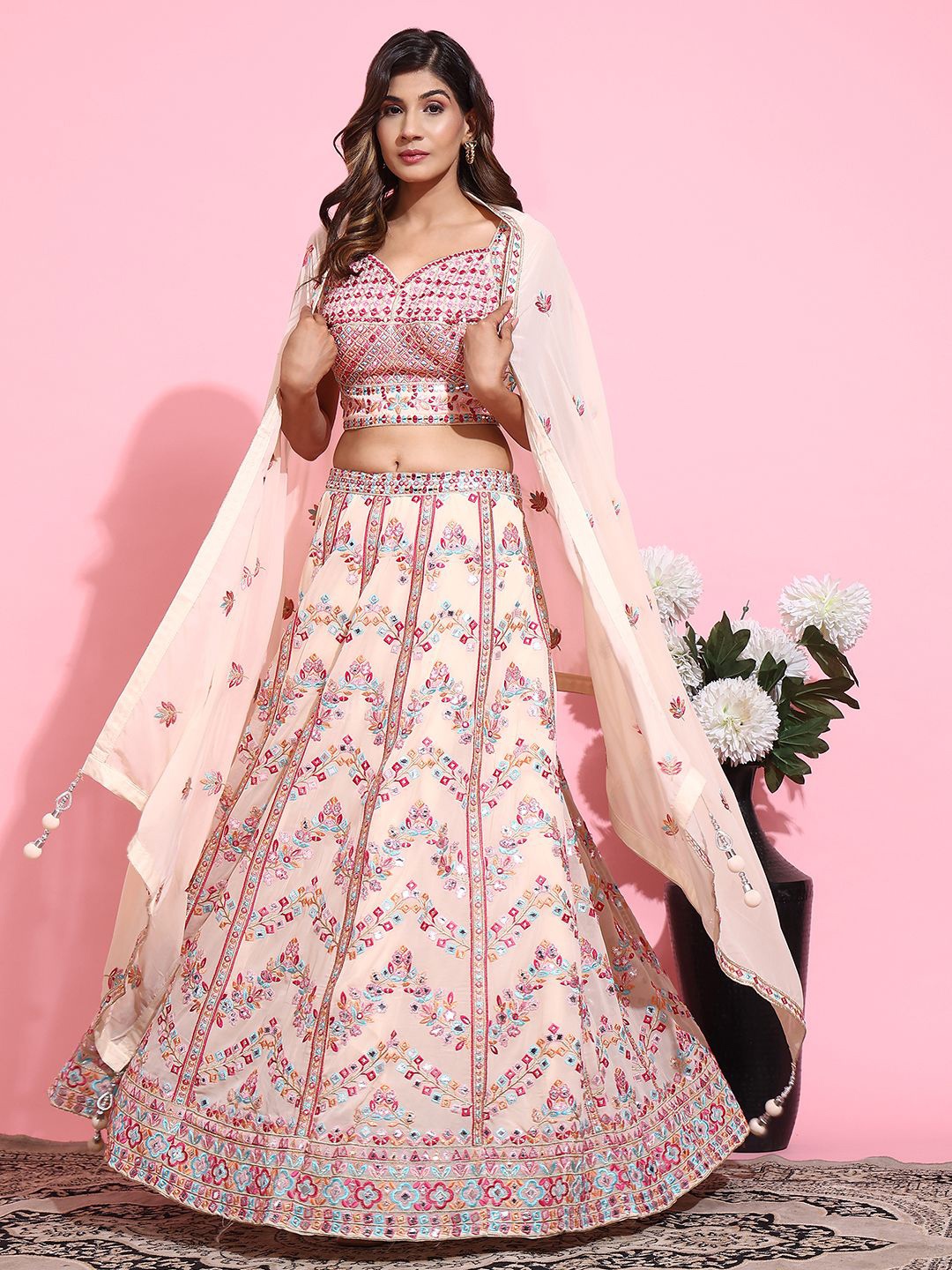 

VANAKARA Embroidered Mirror Work Ready to Wear Lehenga & Blouse With Dupatta, Peach