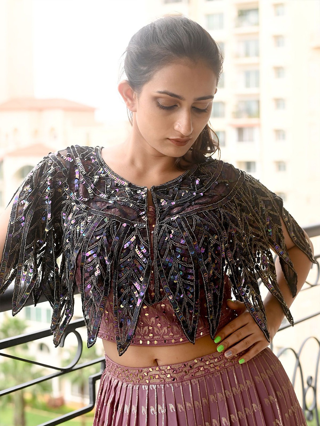 

ODETTE Floral Embellished Net Sequined and Beaded Extended Sleeves Crop Cape Top, Black