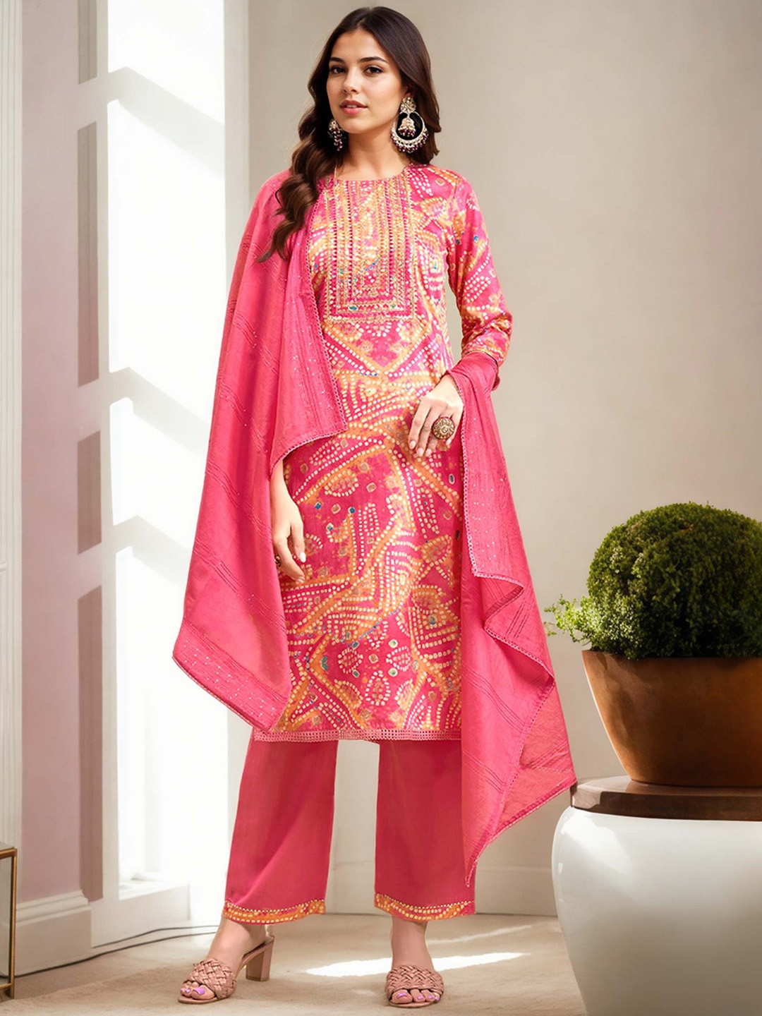 

Anouk Pink Bandhani Printed Sequinned Pure Cotton Straight Kurta With Palazzos & Dupatta