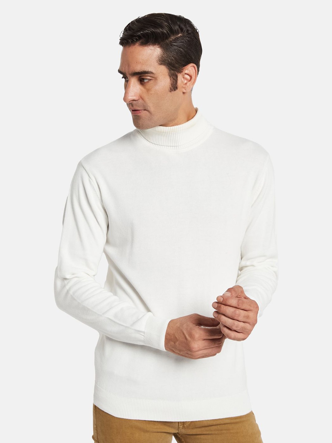 

METTLE Men Cotton Turtle Neck Long Sleeves Casual Pullover, White