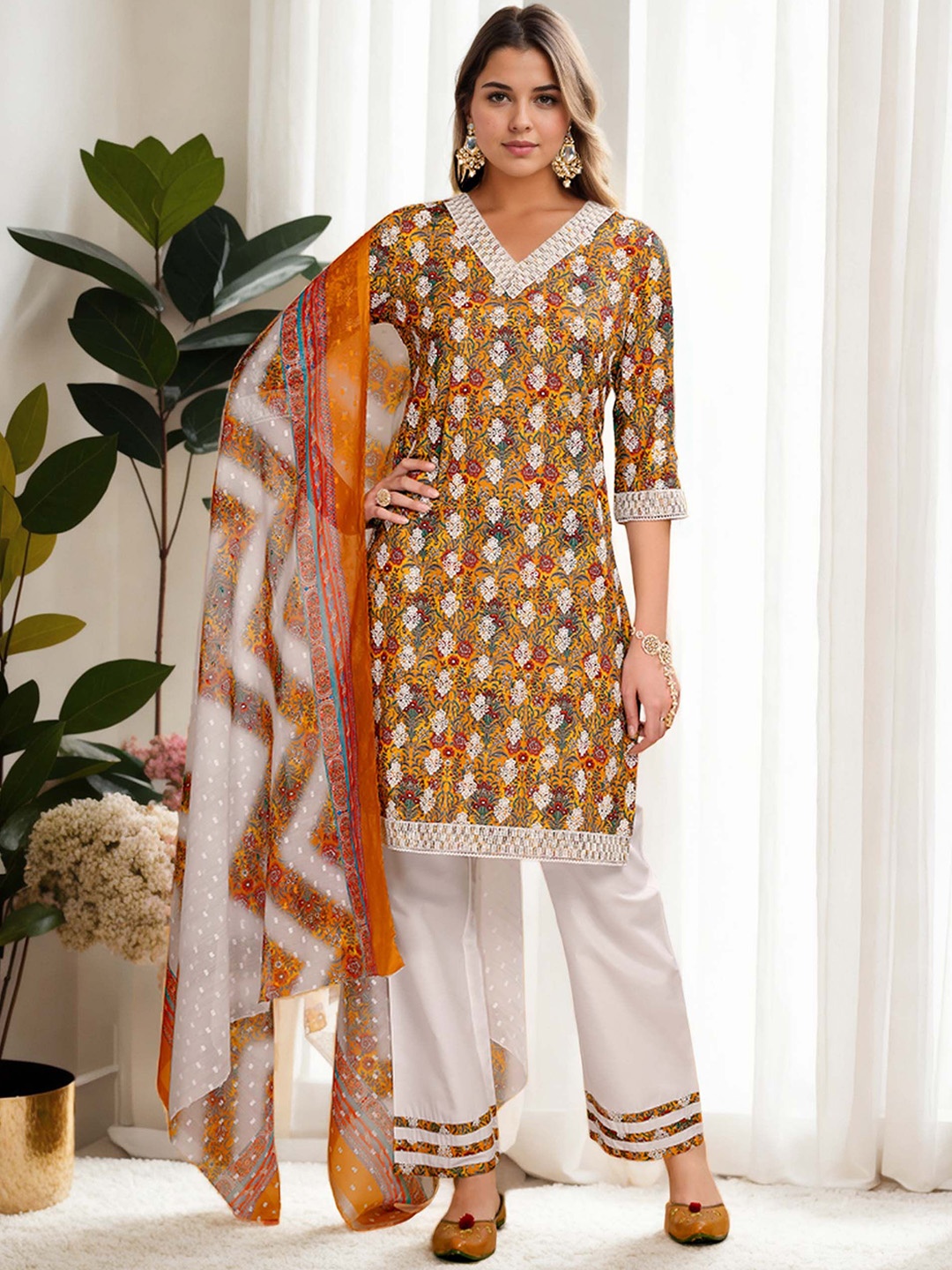 

Anouk Mustard Yellow Floral Printed V-Neck Straight Kurta With Palazzos & Dupatta