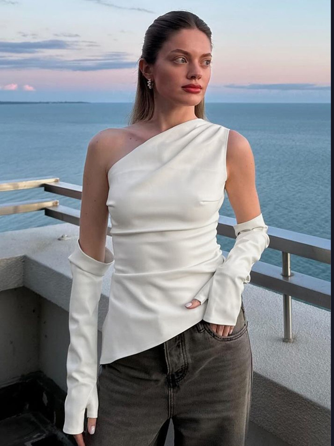 

LULU & SKY One Shoulder PU Coated Top, White