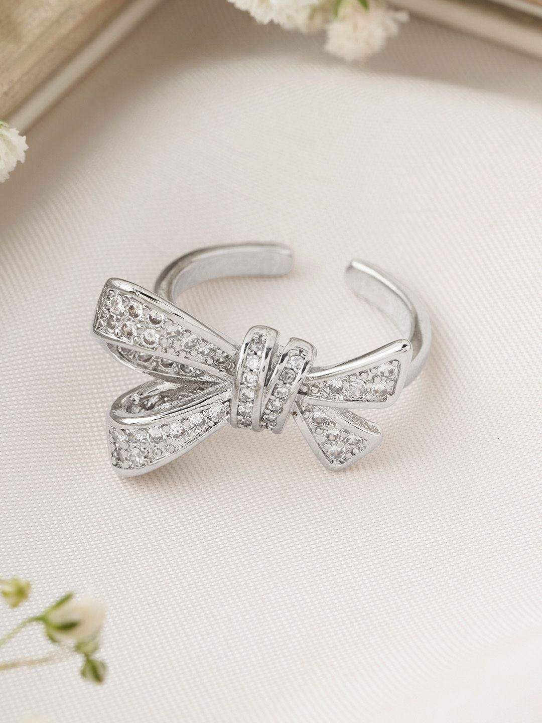 

JOKER & WITCH Silver-Plated Stone-Studded Ester Bow Style Adjustable Finger Ring