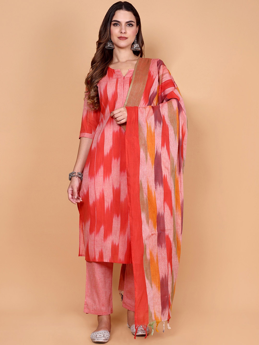 

Vastara the Label Abstract Printed Organic Cotton Straight Kurta With Trouser & Dupatta, Peach