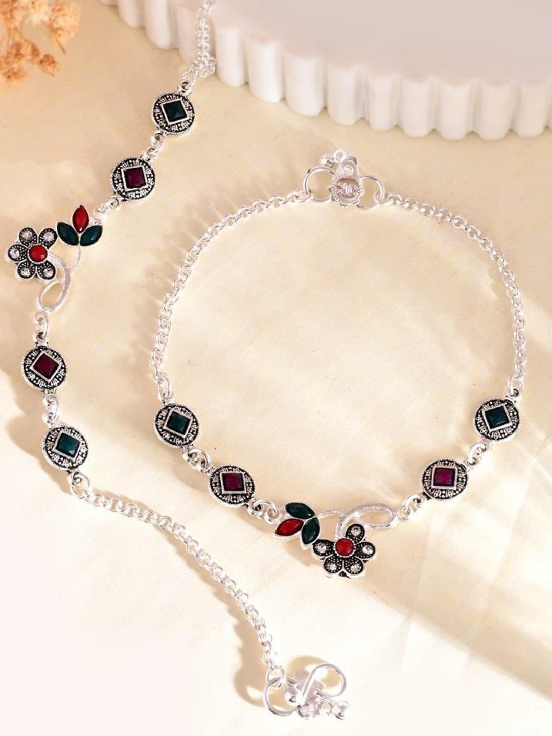 

VOJ Set Of 2 Silver-Plated Stainless Steel Traditional Stones Studded Anklets