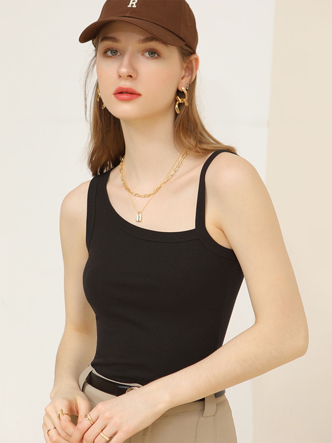 

LULU & SKY Women Cotton Shoulder Straps Tank Top, Black