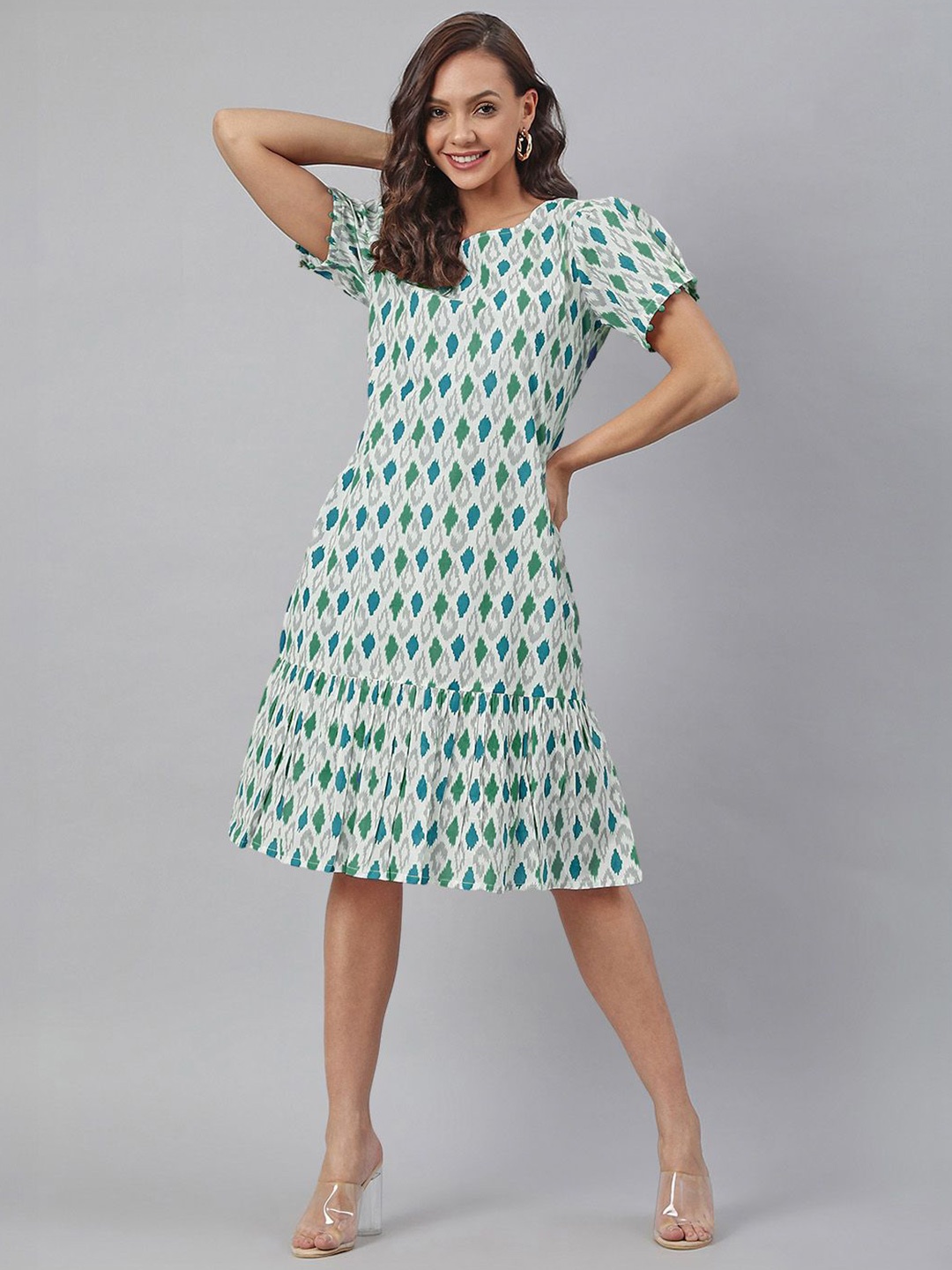 

KALINI Women Cotton Print A-Line Dress, White